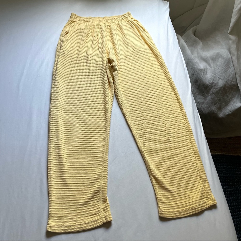 BUG BUD PRESS butter yellow honeycomb waffle thermal knit wide leg cropped pant